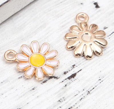 The Bead Store 15mm Gold Plated White and Yellow Enamel Daisy Flower Charm 