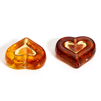 The Bead Store 15mm Vintage Style Acrylic Heart Beads Amber and Gold 4 beads 