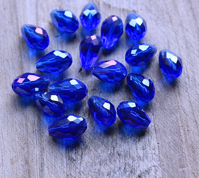 The Bead Store 15x10mm Faceted Crystal Glass Drop Beads Lustred Blue