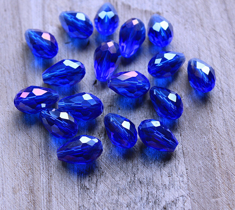 The Bead Store 15x10mm Faceted Crystal Glass Drop Beads Lustred Blue