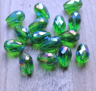 The Bead Store 15x10mm Faceted Crystal Glass Drop Beads Lustred Lime Green