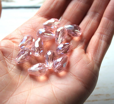 The Bead Store 15x10mm Faceted Crystal Glass Drop Beads Lustred Pink