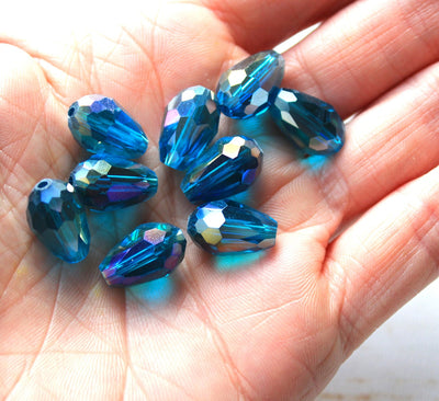 The Bead Store 15x10mm Faceted Crystal Glass Drop Beads Teal AB