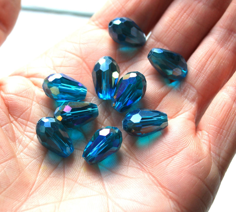 The Bead Store 15x10mm Faceted Crystal Glass Drop Beads Teal AB