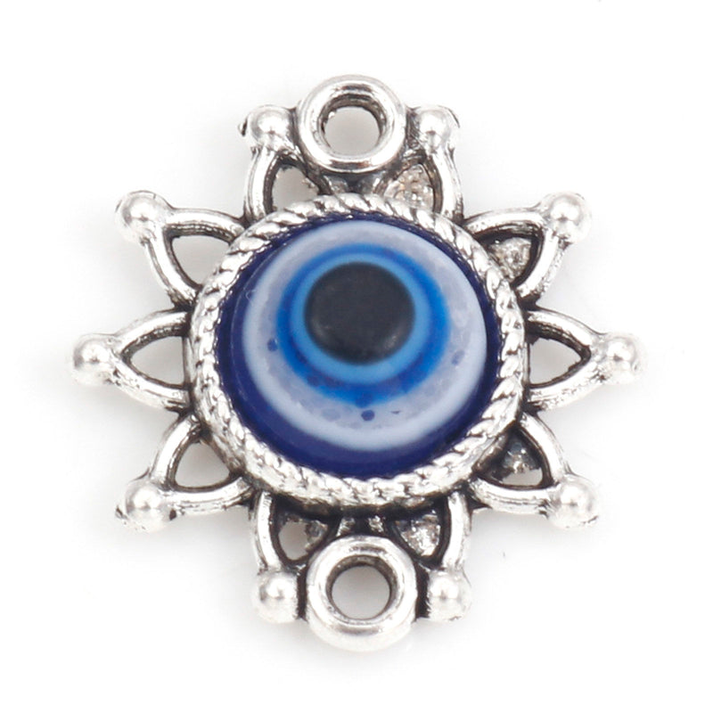 The Bead Store 15x14mm Antique Silver Plated Flower Shaped Blue Resin Evil Eye Connector