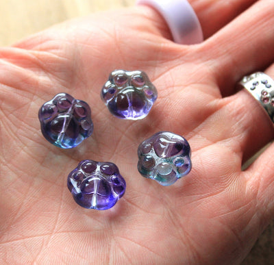 The Bead Store 15x14mm Lampwork Glass Paw Print Beads Purple Pack of 4