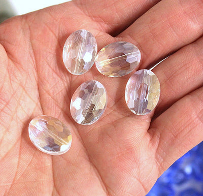 The Bead Store 16x12mm Flat Oval Electroplated Faceted Crystal Glass Beads ~ Crystal AB ~ Pack of 2