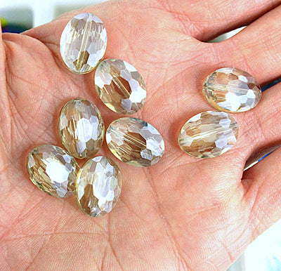 The Bead Store 16x12mm Flat Oval Electroplated Faceted Crystal Glass Beads ~ Light Khaki ~ Pack of 2