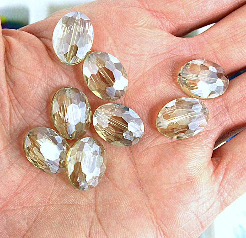 The Bead Store 16x12mm Flat Oval Electroplated Faceted Crystal Glass Beads ~ Light Khaki ~ Pack of 2