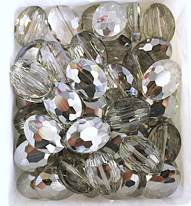 The Bead Store 16x12mm Flat Oval Electroplated Faceted Crystal Glass Beads ~ Silver ~ Pack of 2