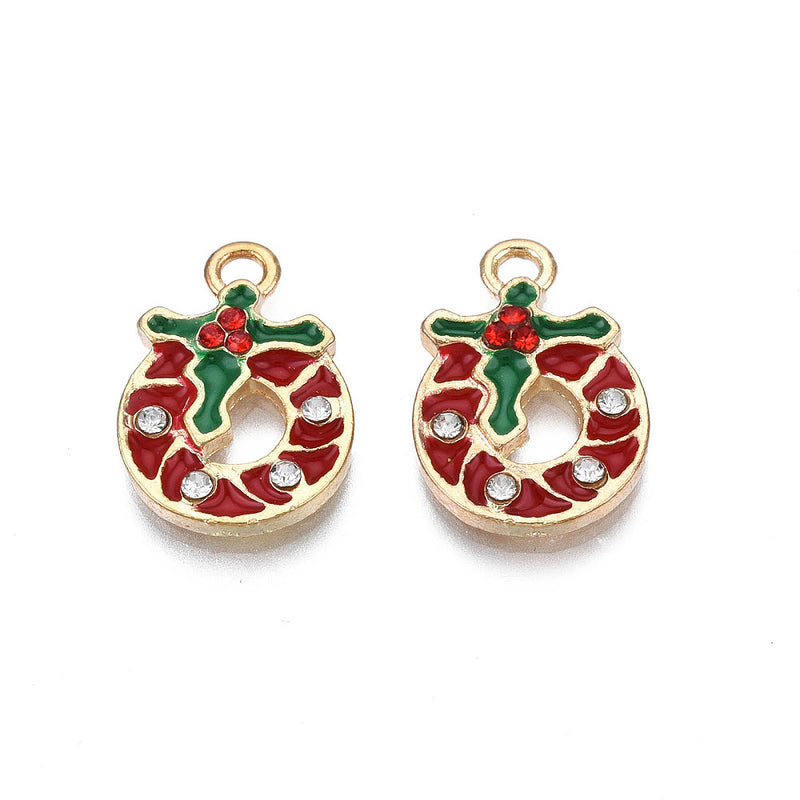 The Bead Store 17x12mm Gold Plated Dark Red Enamel Christmas Wreath Charm With Crystals