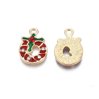 The Bead Store 17x12mm Gold Plated Dark Red Enamel Christmas Wreath Charm With Crystals