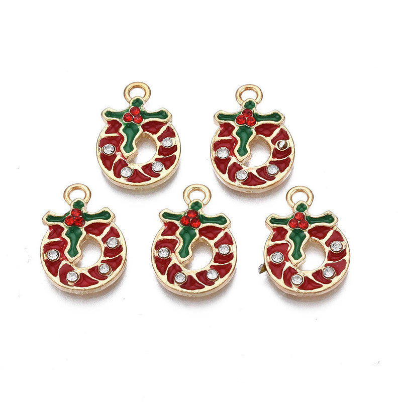 The Bead Store 17x12mm Gold Plated Dark Red Enamel Christmas Wreath Charm With Crystals