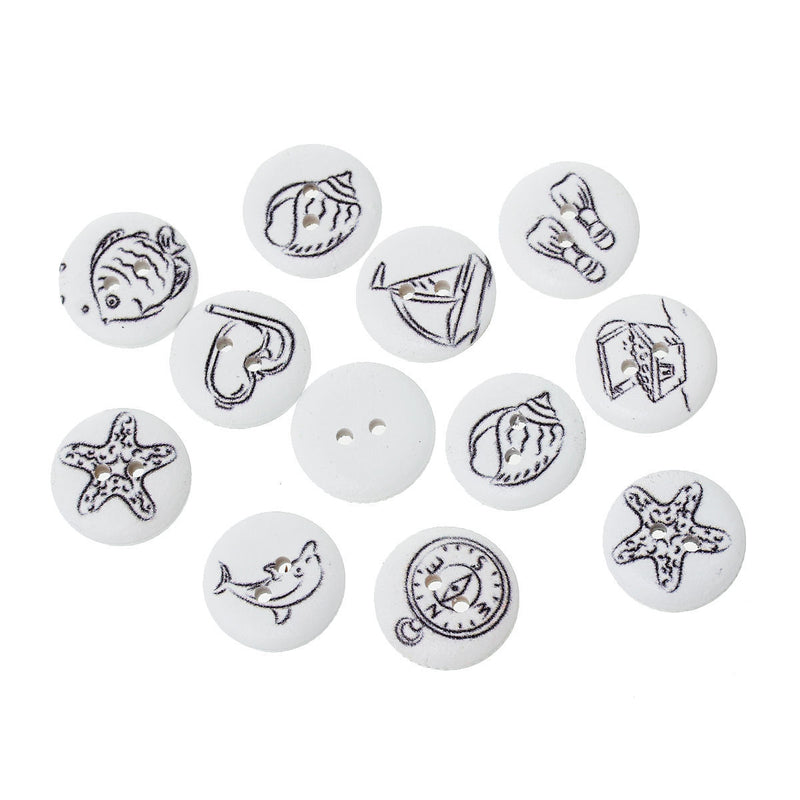 The Bead Store 18mm Seaside Themed 2-Hole Wooden Buttons Pack of 15