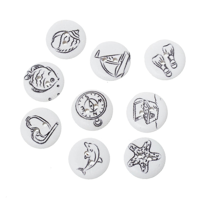 The Bead Store 18mm Seaside Themed 2-Hole Wooden Buttons Pack of 15