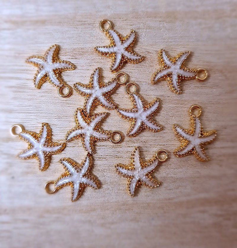 The Bead Store 18x13mm Gold Plated Enamelled Starfish Charm Pearly White