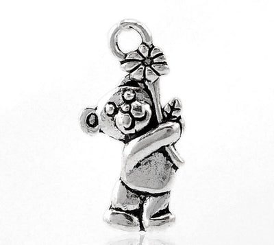 The Bead Store 19x9mm Antique Silver Plated Teddy Bear with Flower Charm