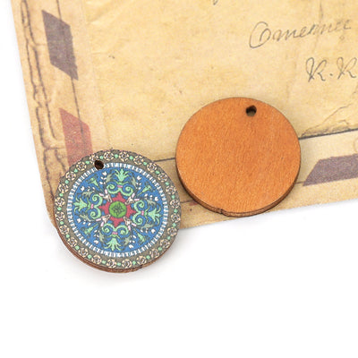 The Bead Store 20mm Round Wood Pendant ~ Blue and Brown