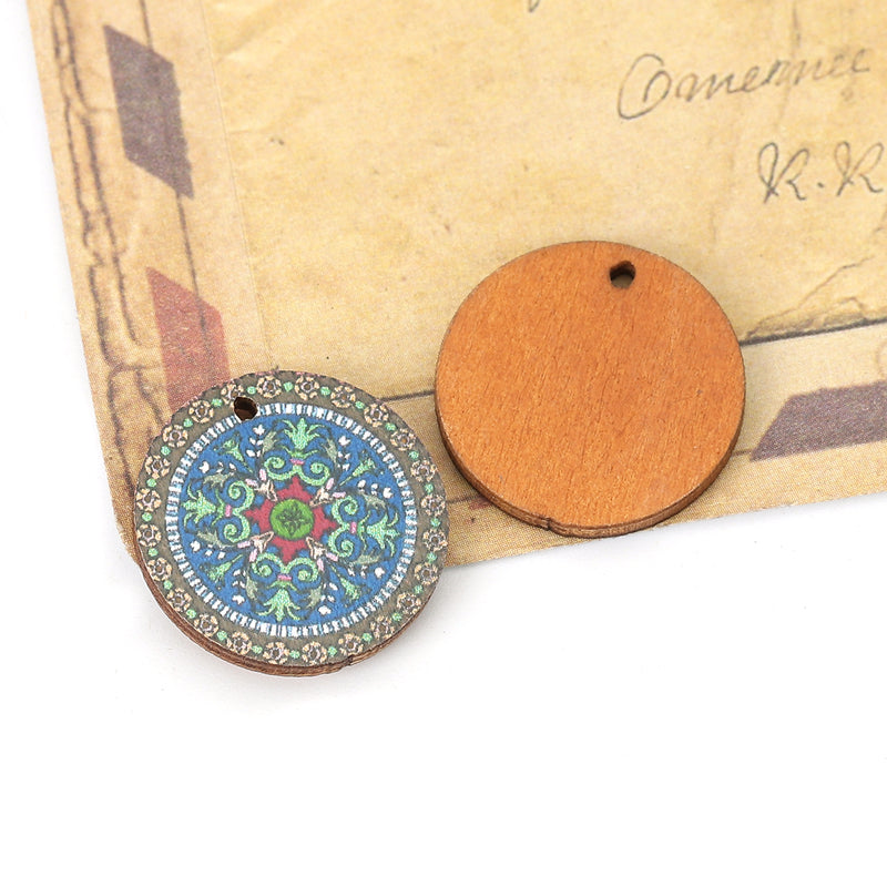 The Bead Store 20mm Round Wood Pendant ~ Blue and Brown