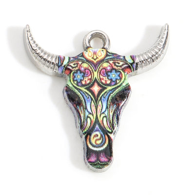 The Bead Store 22mm Rhodium Plated Enamelled Bull Head Charm 