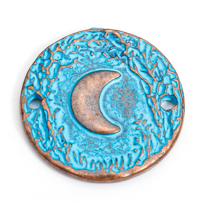 The Bead Store 22mm Round Antique Copper and Blue Patina Moon Connector 