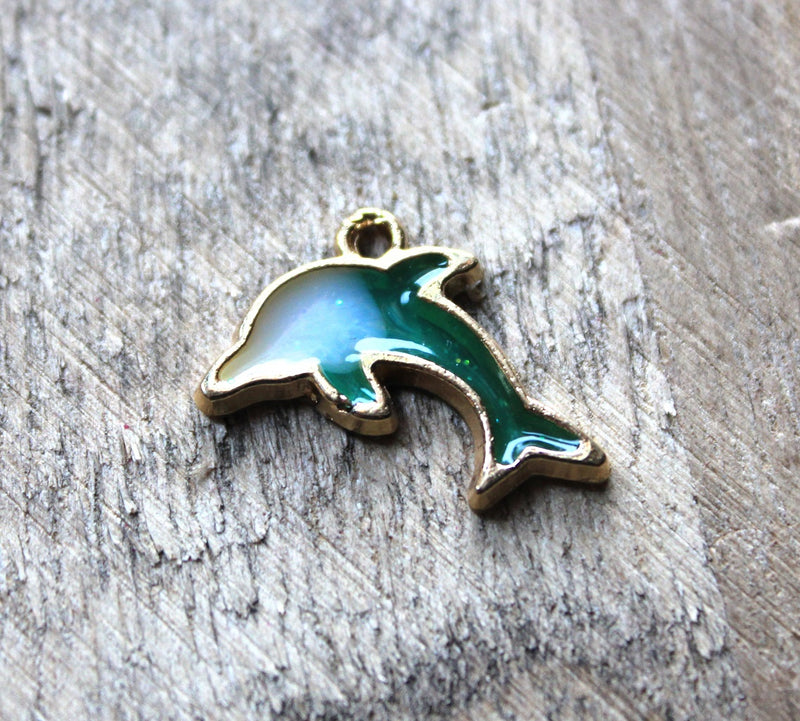 The Bead Store 22x14mm Gold Plated Sea Green Resin Dolphin Charm