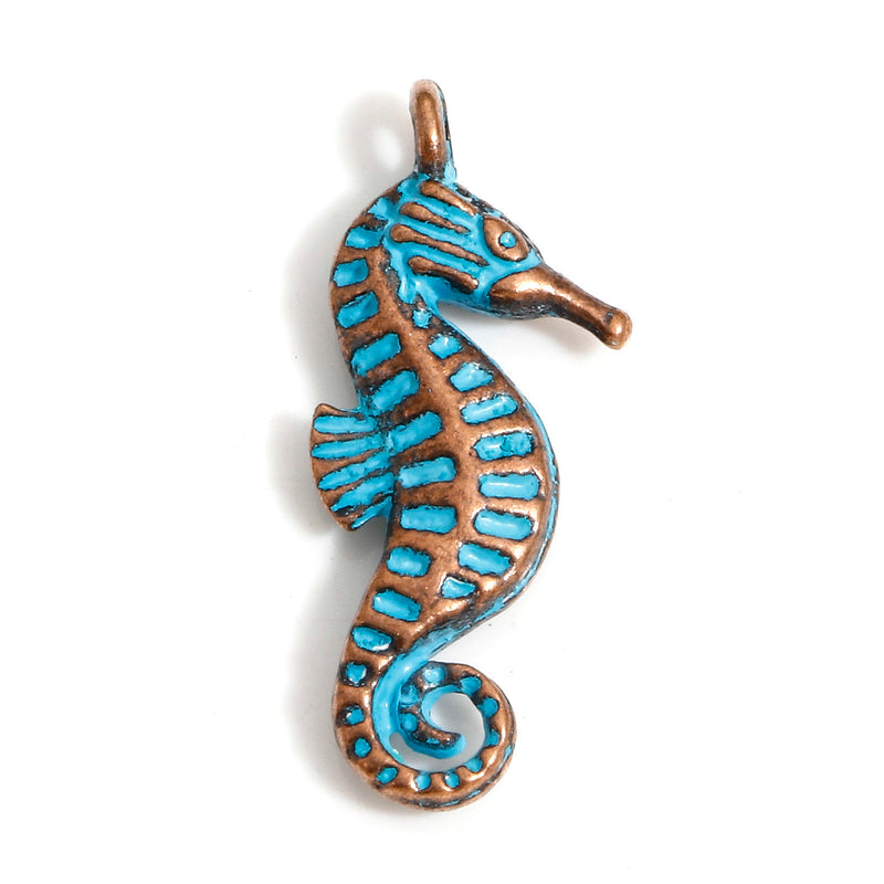 The Bead Store 22x9mm Antique Copper and Blue Patina Seahorse Charm