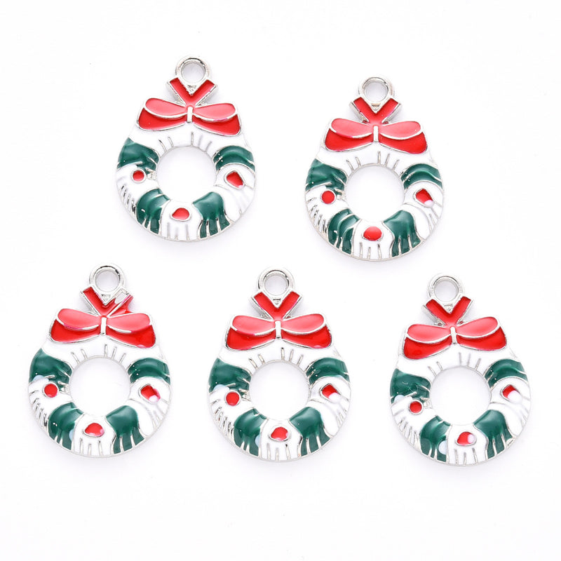 The Bead Store 23x16mm Rhodium Plated Enamelled Christmas Wreath Charm