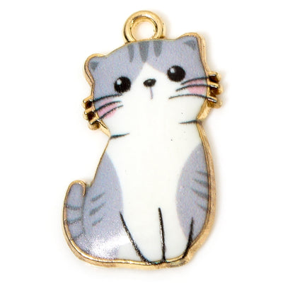 The Bead Store 24x14mm Gold Plated Grey and White Enamel Cat Charm