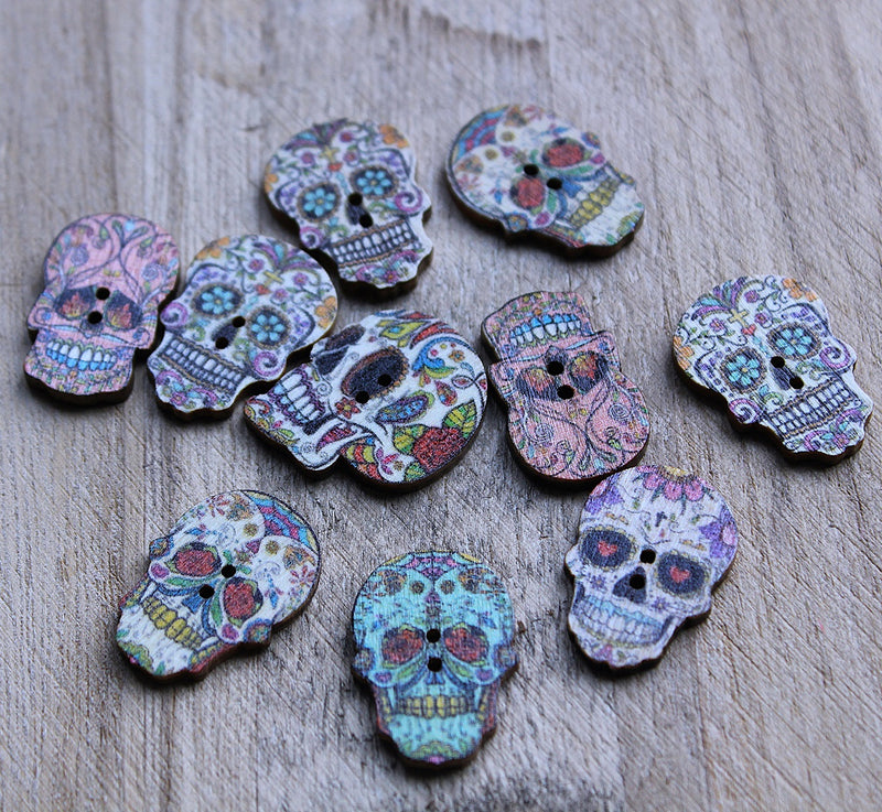 The Bead Store 24x17mm Sugar Skull 2-Hole Wooden Buttons ~ Pack of 9
