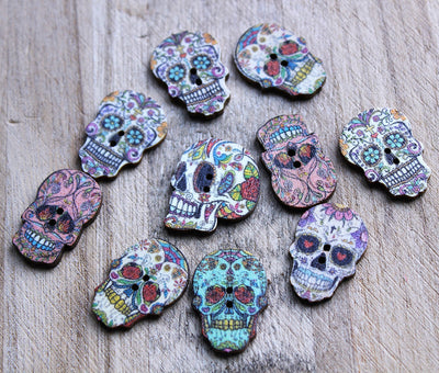 The Bead Store 24x17mm Sugar Skull 2-Hole Wooden Buttons ~ Pack of 9