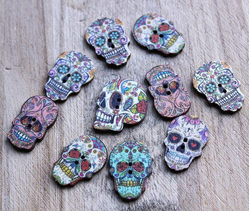 The Bead Store 24x17mm Sugar Skull 2-Hole Wooden Buttons ~ Pack of 9