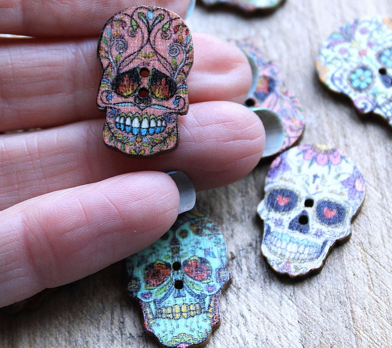 The Bead Store 24x17mm Sugar Skull 2-Hole Wooden Buttons ~ Pack of 9