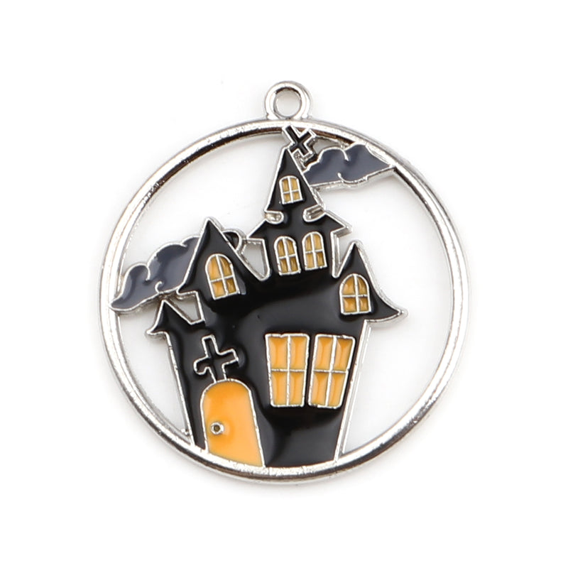 The Bead Store 24x22mm Silver Tone Enamelled Halloween Ghost Castle Pendant