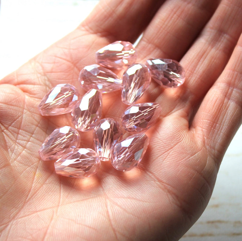 The Bead Store 15x10mm Faceted Crystal Glass Drop Beads Lustred Pink