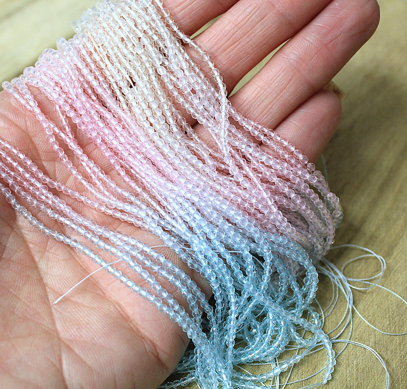 The Bead Store 2mm Round Faceted Glass Beads Pale Pink and Blue Colours Mix approx. 180 beads / string