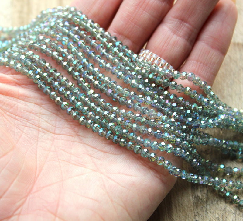 3mm Round Faceted Crystal Glass Beads Electroplated Green Rainbow approx. 100 beads string