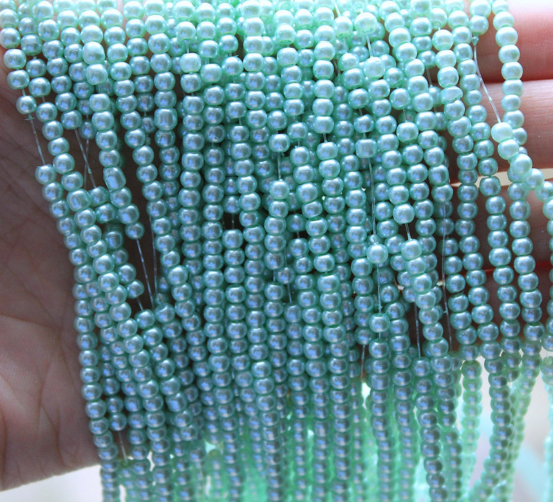 The Bead Store 3mm Round Glass Pearl Beads Light Green approx. 190 beads