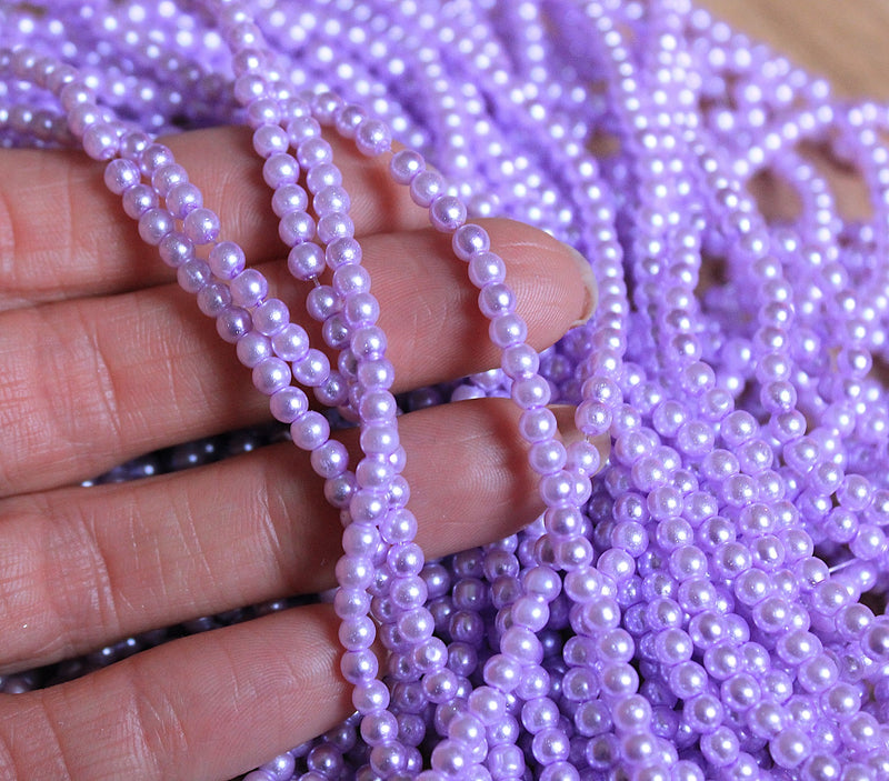 The Bead Store 3mm Round Glass Pearl Beads Light Lilac approx. 190 beads