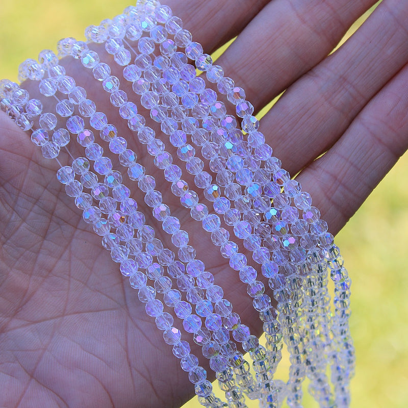 The Bead Store 4mm Round Faceted Glass Beads ~ Crystal AB ~ approx. 85 beads/string