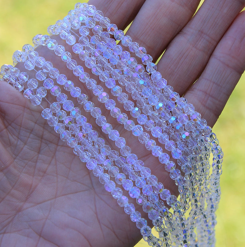 The Bead Store 4mm Round Faceted Glass Beads ~ Crystal AB ~ approx. 85 beads/string
