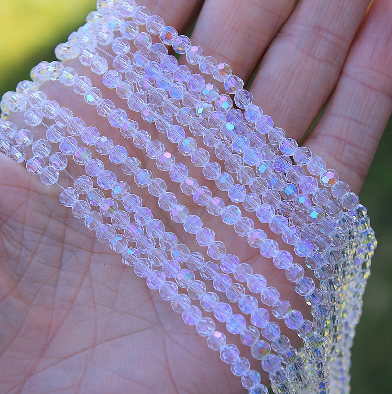 The Bead Store 4mm Round Faceted Glass Beads ~ Crystal AB ~ approx. 85 beads/string