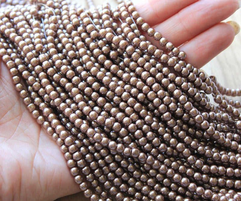 The Bead Store 4mm Round Glass Pearls ~ Latte ~ approx. 200 beads / strand