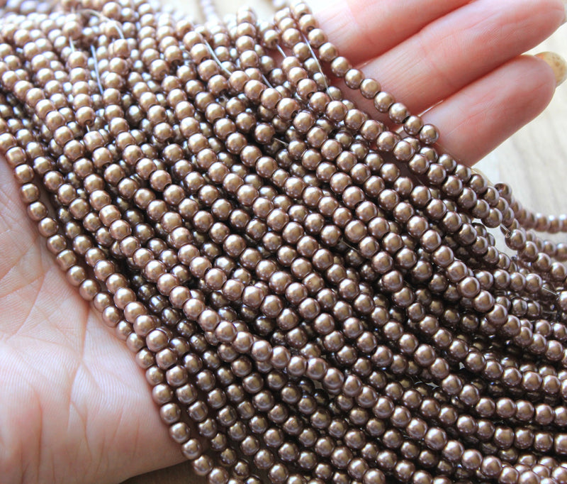 The Bead Store 4mm Round Glass Pearls ~ Latte ~ approx. 200 beads / strand