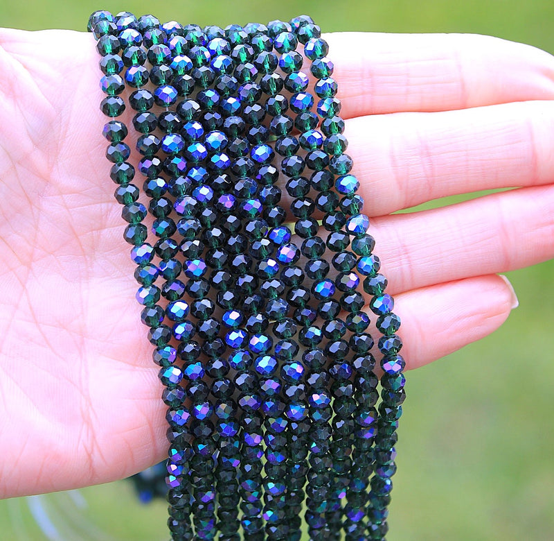 The Bead Store 4x3mm Electroplated Faceted Glass Rondelle Beads Dark Green AB