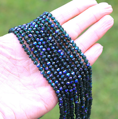 The Bead Store 4x3mm Electroplated Faceted Glass Rondelle Beads Dark Green AB