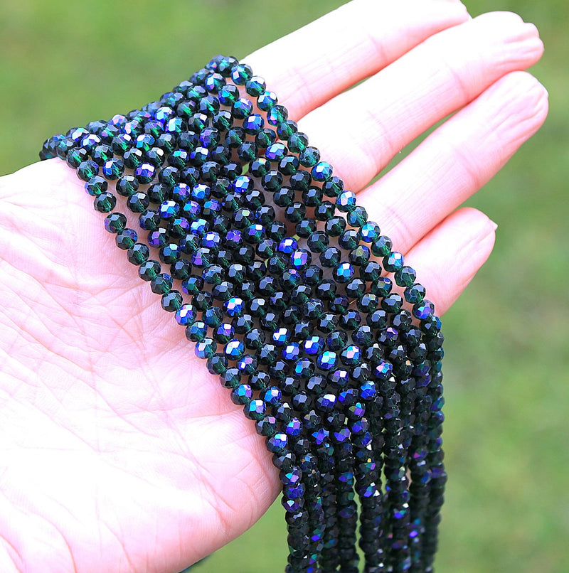 The Bead Store 4x3mm Electroplated Faceted Glass Rondelle Beads Dark Green AB