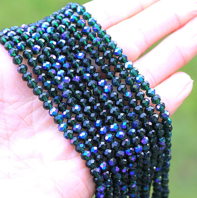The Bead Store 4x3mm Electroplated Faceted Glass Rondelle Beads Dark Green AB