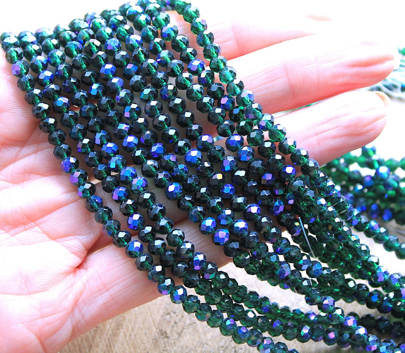 The Bead Store 4x3mm Electroplated Faceted Glass Rondelle Beads Dark Green AB