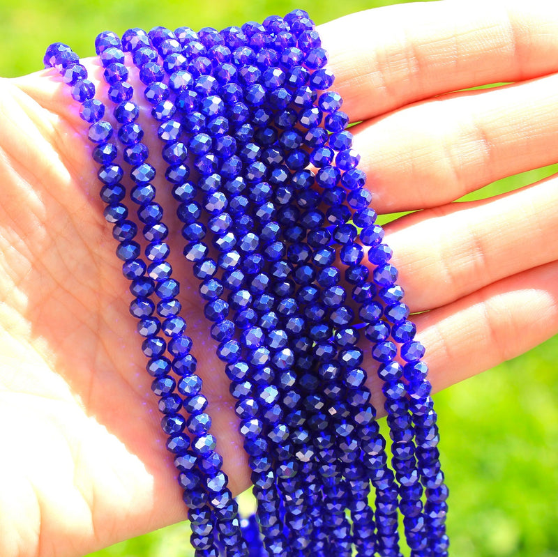 The Bead Store 4x3mm Electroplated Faceted Glass Rondelle Beads ~ Lustred Dark Blue ~ approx. 115 beads